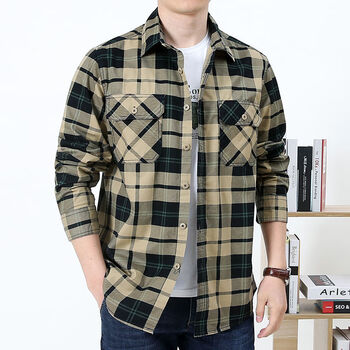 春装上衣衬衫男格子长袖衬衣宽松男士工装户外休闲秋季外套男绿格