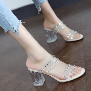 yinfan水晶凉鞋女坡跟外穿透明高跟半拖鞋天天露趾粗跟水钻夏米白色35
