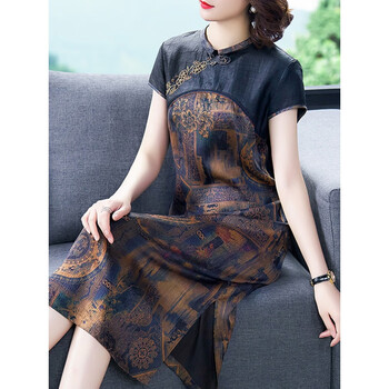 香云纱女装专柜正品连衣裙旗袍贵夫人裙子 灰花 3xl【图片 价格 品牌