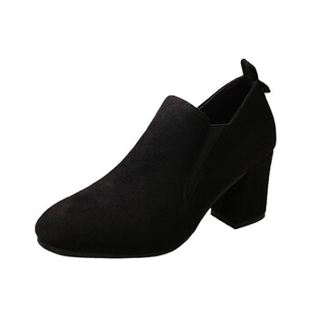 单鞋女春秋新款韩版方头粗跟中跟百搭高跟女鞋磨砂复古鞋黑色34标准码