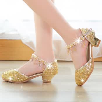韩版女童高跟鞋小公主演出小皮鞋银色儿童礼服舞台走秀鞋子女孩水晶单