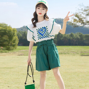 女童套装夏装儿童t恤短裤两件套中大童新款小女孩衣服314岁夏季墨绿