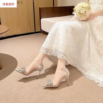 豆薇水晶高跟鞋女细跟2023年春秋季百搭透明法式少女尖头单鞋银色0cm3