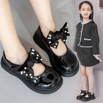 新款女童皮鞋软底蝴蝶结珍珠公主鞋中大童学生小皮鞋 黑色蝴蝶结 请