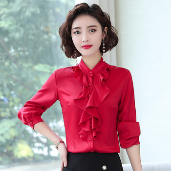 雪纺长袖衬衫女2022年秋装新款洋气立领边上衣时尚打底衫衬衣 酒红色