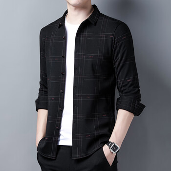 杉杉长袖衬衫男免烫格子冬装中青年男士商务休闲保暖3205黑色加绒加厚