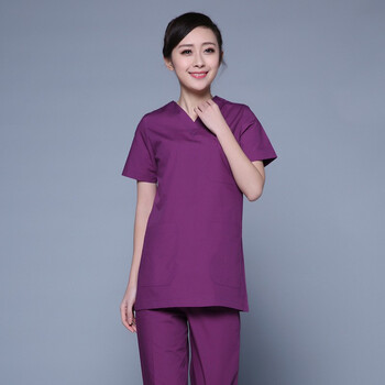 护士服舒适透气v领男女同款分体套装刷手衣长短袖牙科工作服女紫色
