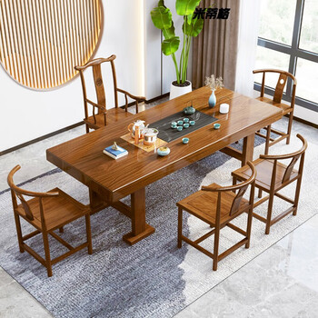 功夫茶台现代新中式禅意办公室泡茶桌18米桌官帽椅月牙椅x4茶炉款组装