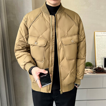 男士羽绒服秋冬季潮流休闲短款棒球领轻薄款保暖宽松冬装外套上衣卡其