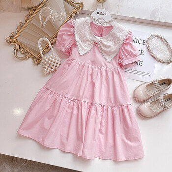 女童连衣裙2022儿童中大童夏季短袖洋气可爱泡泡袖小女孩公主裙 粉色