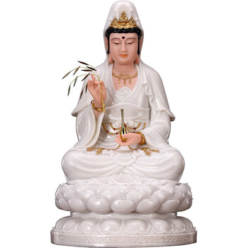 圆通汉白玉观音佛像家用娑婆三圣观世音观音菩萨供佛摆件12寸高30厘米