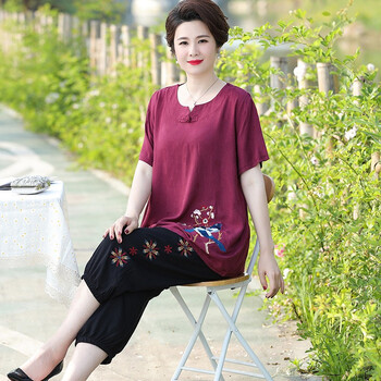 肚子显瘦休闲刺绣套装大妈衣服老妈装豆沙套装风车裤3xl建议120135斤