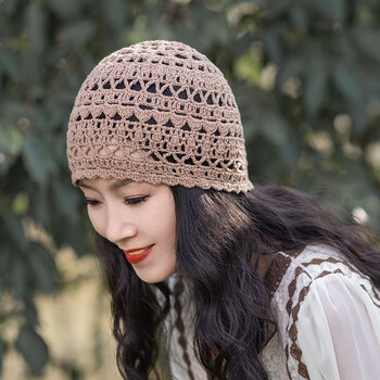 黛莎(daisha)包头帽女夏季蕾丝遮白发薄款钩花镂空编织针织套头帽