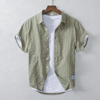 构致新款夏季纯棉短袖衬衫男士休闲纯色衬衣薄款暗纹褶皱半袖开衫 军绿色 XXXL