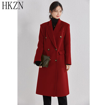 女双面羊绒大衣200斤冬装2022新款红色呢大衣中长款羊毛外套法国红4xl