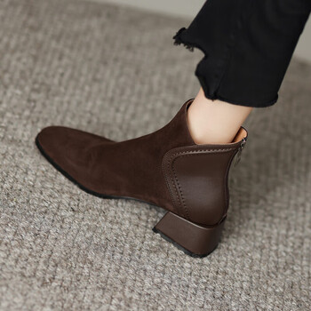 檀典女士翻毛皮鞋高帮秋款鞋子磨砂皮女鞋粗跟短靴切尔西秋季尖头裸