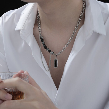 戚小米 流苏黑曜石项链男潮ins嘻哈钛钢双层男士锁骨链个性百搭学生
