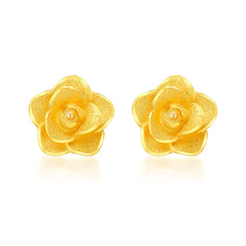 暮璃黄金耳钉女足金磨砂玫瑰花蜜语热恋花朵金耳环复古新款金耳饰
