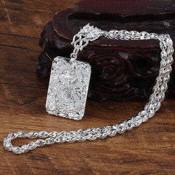 老凤祥银项链男士潮人个性霸气龙头银链子关公项坠挂坠配饰999足银