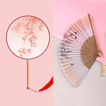 扇子古风折扇女团扇 古风团扇长柄流苏折扇半透古装女式汉服旗袍扇子