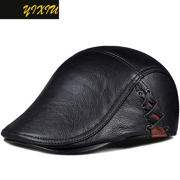 羊皮贝雷帽男士韩版前进帽真眞皮帽磨砂休闲男帽老人帽子黑色光皮无内