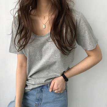 女士性感t恤女短袖低胸宽松低领夏季大领口露锁骨新疆t恤u领上衣灰色