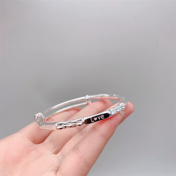 女实心竹节莲花车花推拉镯银饰年轻款送女朋友长辈足银车花手镯love