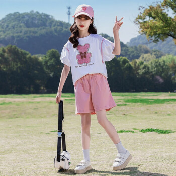迪士尼（Disney）女童夏季短裤套装2024新款韩版女孩洋气小熊短袖上衣休闲两件套 粉色 150cm