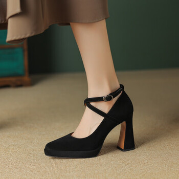 台粗跟玛丽珍鞋女尖头一字扣单鞋2023秋季新款超高跟皮鞋黑色羊猄36