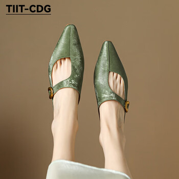 tiitcdg轻奢潮牌丝绸牛皮包头半拖鞋女夏季粗跟秀禾旗袍配裙子穆勒托