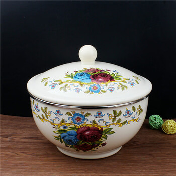 加厚搪瓷碗 带盖搪瓷盆 怀旧老式 搪瓷高盖元宝碗平底碗 蓝玫瑰元宝碗