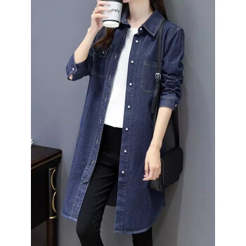 甄舞牛仔衬衫女士设计感小众春秋新款中长款长袖宽松衬衣蓝色s100斤内