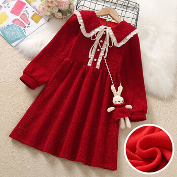 女孩衣服冬款裙子女童红色连衣裙加绒女孩公主裙儿童过年新年红色130