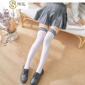 学生条纹大腿袜薄丝袜 白底黑杠>软妹小腿袜街头流行百搭夏天可爱学院