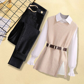 大码女装秋季套装女2021新款针织马甲衬衫女遮肚显瘦牛仔裤三件套【15