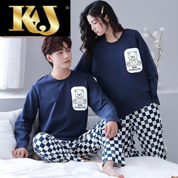 kj情侣睡衣春秋款纯棉长袖套头可外穿男女卡通可爱秋冬季全棉家居服
