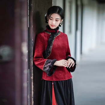 麦抒唐装女冬天红色中国风套装茶服冬季加厚复古民族风改良旗袍中式