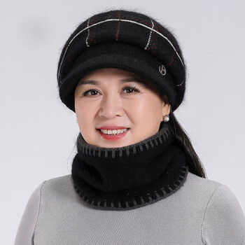 带帽沿的毛线帽子女奶奶帽子秋中老年人妈妈针织帽子围脖套装保暖奶奶