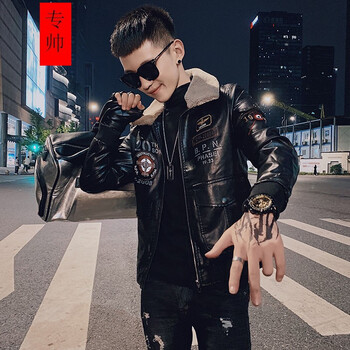 网红皮夹克男机车服短款帅气修身翻领pu加绒加厚外套冬季潮男 黑色加