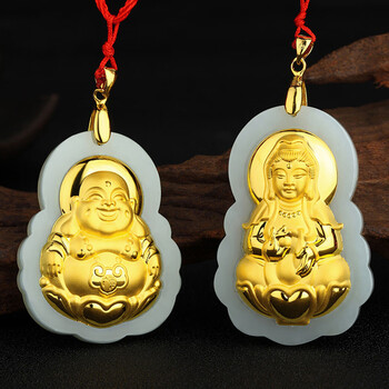 碧家 金镶玉观音吊坠 金镶嵌佛玉佩挂件男女款 特大