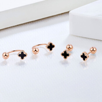 拧扣款18k金四叶草小耳骨环圈扣玫瑰金750u型螺丝耳钉坠饰女定制款