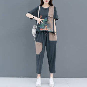 泉麟加肥加大女装宽松大码220斤胖mm200斤码夏季短袖印花撞色休闲运灰