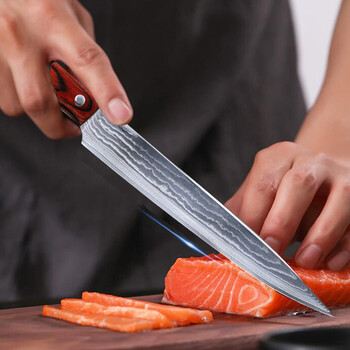 片鱼刀哥顿大马士革钢柳刃切三文鱼日式片鱼刀 酒红色 60°以上 19cm