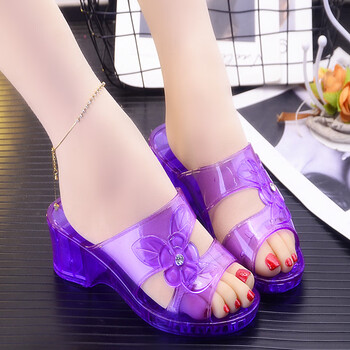 厚底休闲凉水晶夏天防滑透明高跟塑胶拖鞋女坡跟拖鞋妈妈舒适 168紫色