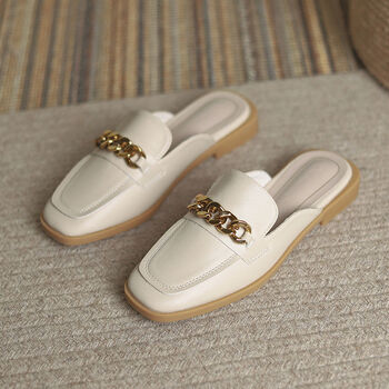 即美森田网红英伦风半拖鞋女夏季外穿时尚软皮舒适包头凉拖平底懒人