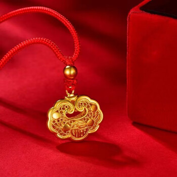 老凤凰足金福字金锁黄金平安锁吊坠女长命锁女士七夕礼物送女友 红绳