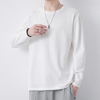 珍问古仔汇服饰男装秋冬新疆长绒棉长袖男重磅t恤纯色打底衫上衣白色2
