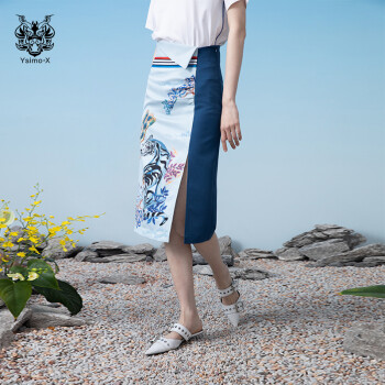 云思木想摩登中国风2021夏季新款经典复古印花包臀半身裙女28533 蓝色 S
