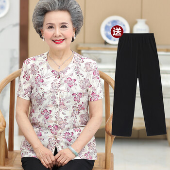 老太太夏季套装冰丝老奶奶半袖衫装夏天穿的短袖60岁70女妈妈装衬衫寸
