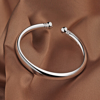 瓒橙旗舰光面对珠银手镯女足银开口实心蒜头七夕情人节礼物送男女朋友